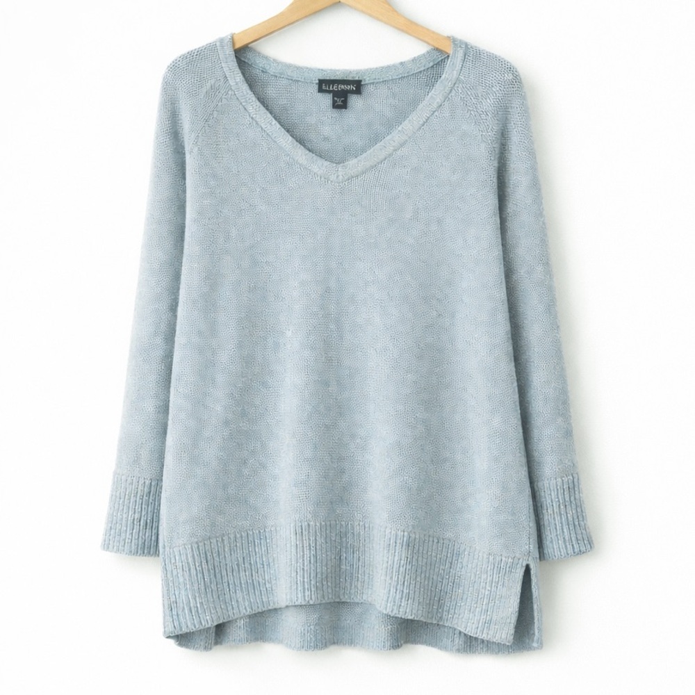 Eileen Fisher Organic Cotton Tencel Tunic Sweater Blue XS Petite Hi Lo Hem
